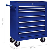 Workshop Tool Trolley with 7 Drawers Blue - Close-Up Angle