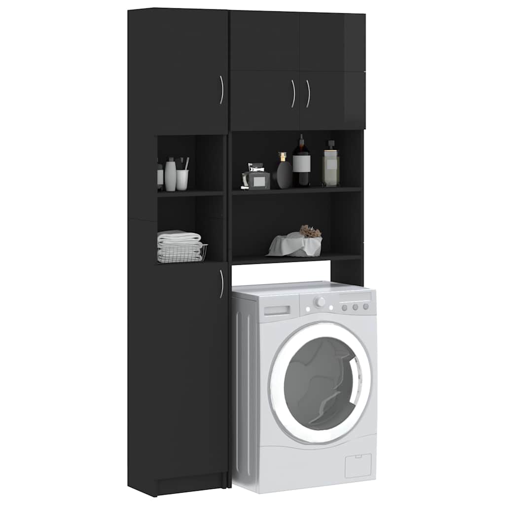 Washing Machine Cabinet Set High Gloss Black Engineered Wood