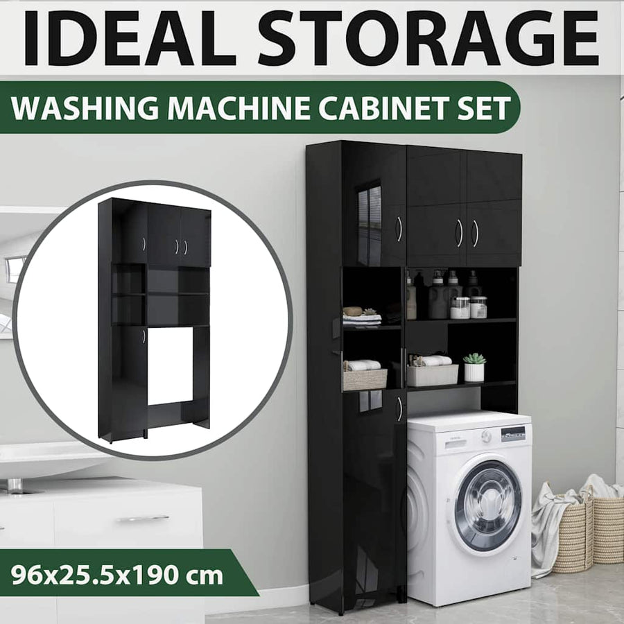 Washing Machine Cabinet Set High Gloss Black Engineered Wood