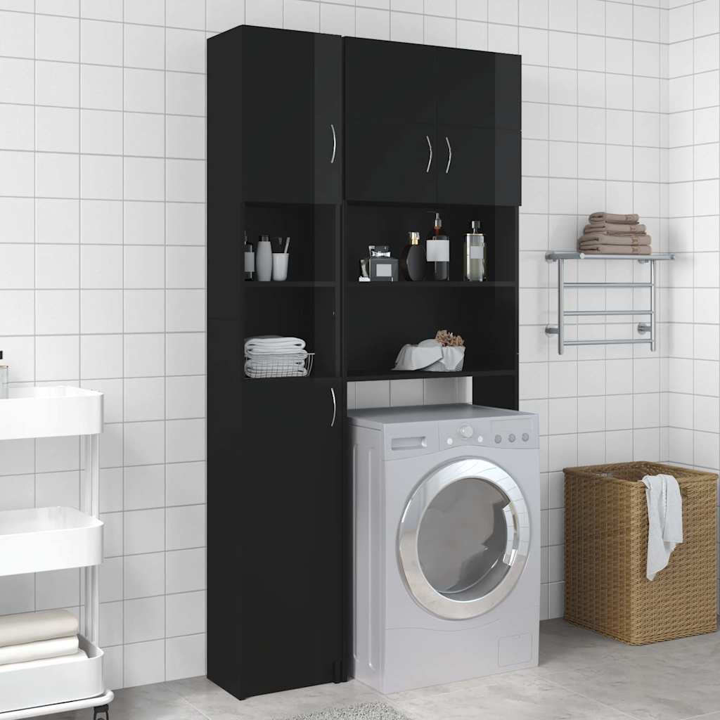 Washing Machine Cabinet Set High Gloss Black Engineered Wood