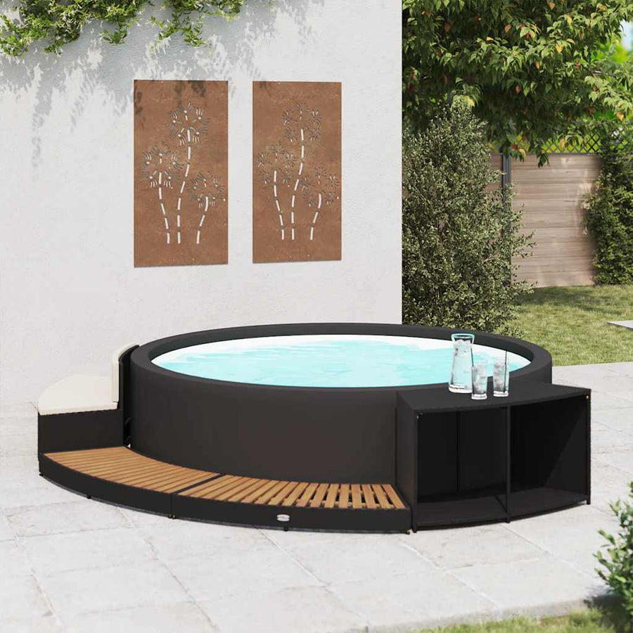 Spa Surround Black Poly Rattan and Acacia Wood