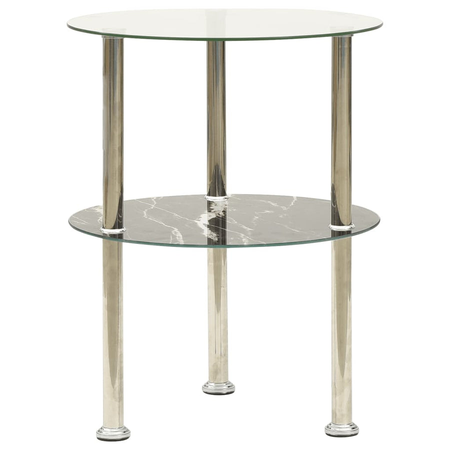 2-Tier Side Table Transparent & Black Marble 38 cm Tempered Glass