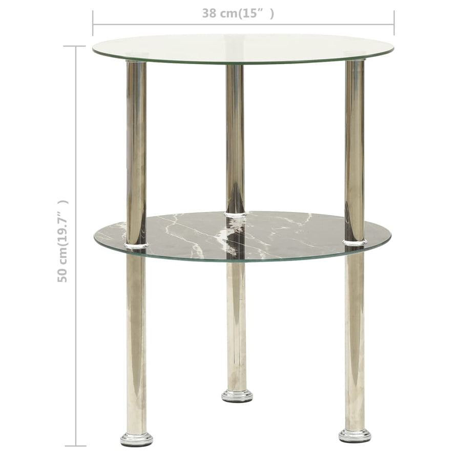 2-Tier Side Table Transparent & Black Marble 38 cm Tempered Glass