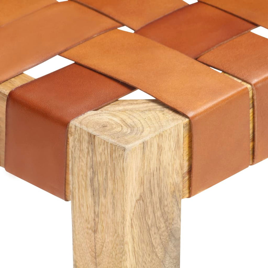 Bench 110 cm Brown Real Leather and Solid Mango Wood