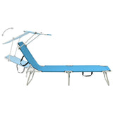 Folding Sun Lounger with Canopy Steel Turquoise and Blue - Low Angle