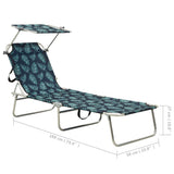 Folding Sun Lounger with Canopy Steel Leaves Print - Low Angle