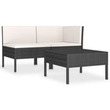 3 Piece Garden Lounge Set with Cushions Poly Rattan Black - Front View