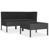 3 Piece Garden Lounge Set with Cushions Poly Rattan Black - Front View