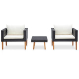 3 Piece Garden Lounge Set with Cushions Poly Rattan Black - Front View