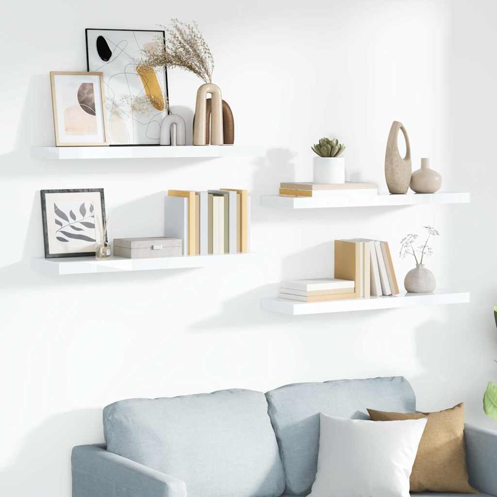Floating Wall Shelves 4 pcs High Gloss White 90x23.5x3.8 cm MDF