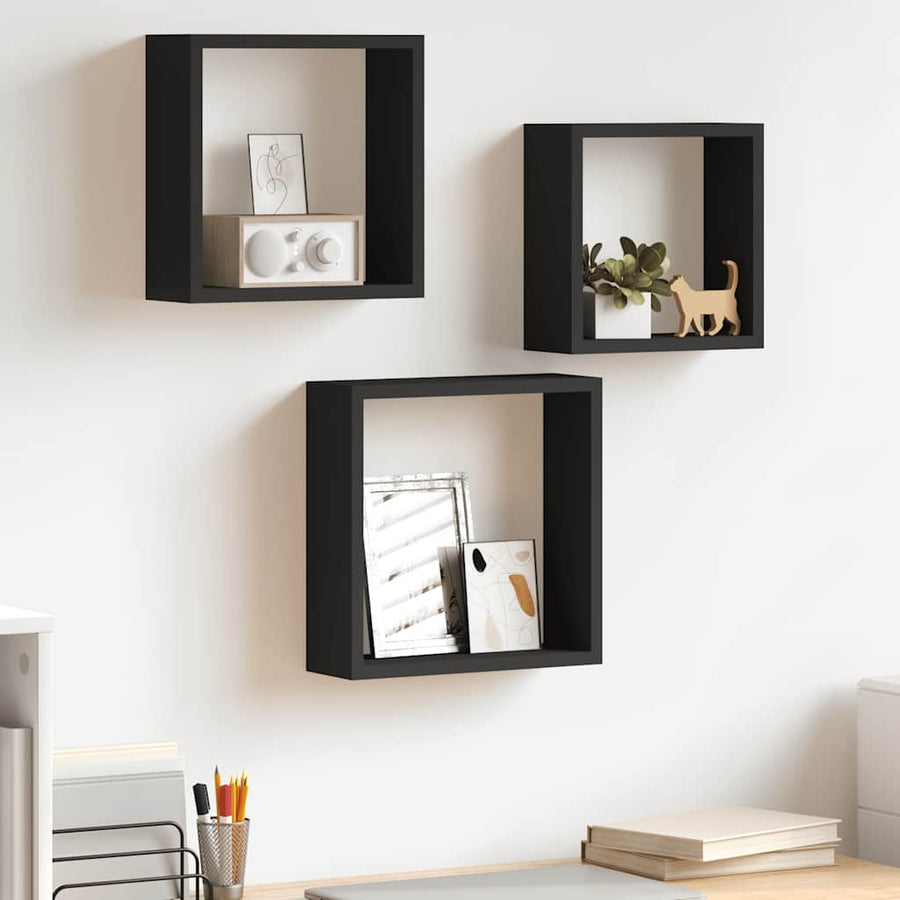Wall Cube Shelves 3 pcs Black MDF