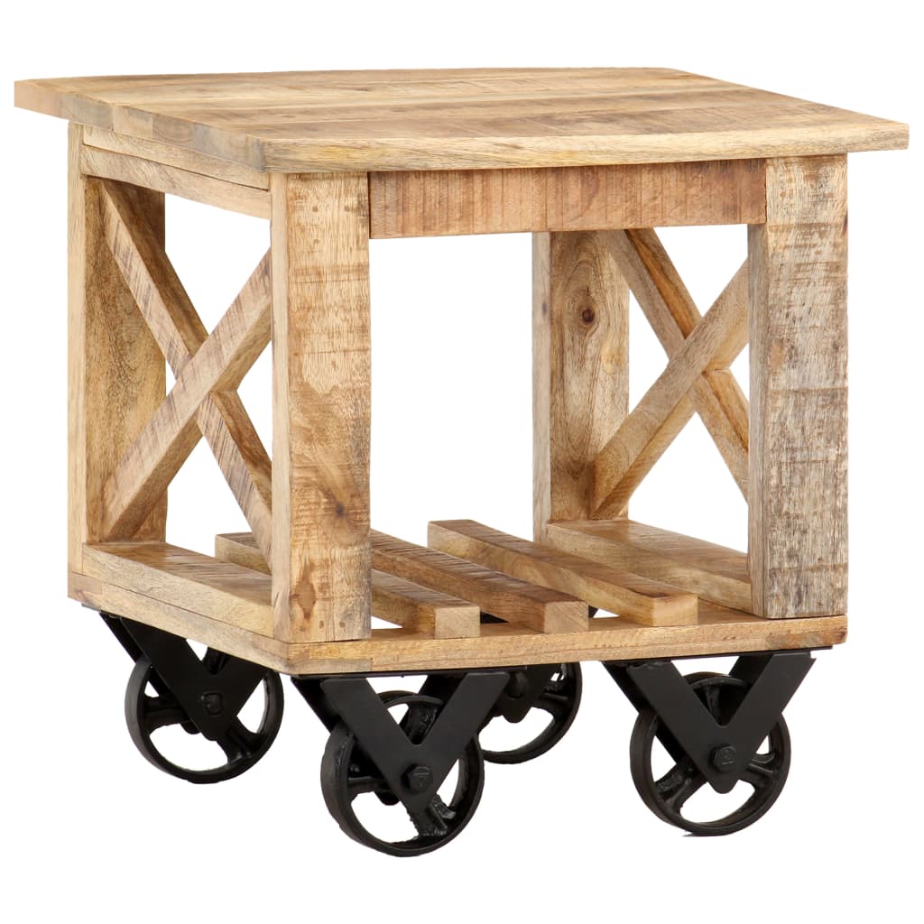 Side Table With Wheels 40x40x42 Cm Rough Mango Wood