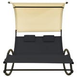 Double Sun Lounger with Canopy Textilene Black and Cream