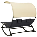 Double Sun Lounger with Canopy Textilene Black and Cream - Top-Down View