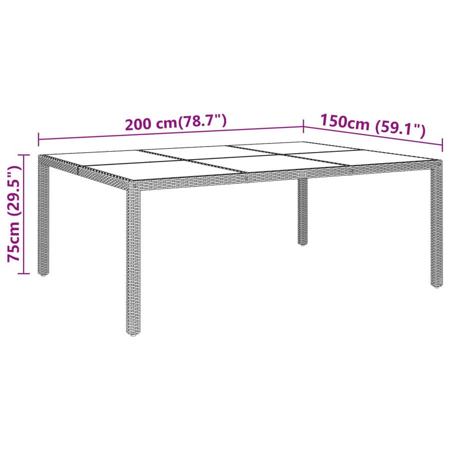 Garden Table 200x150x75 cm Tempered Glass and Poly Rattan Beige