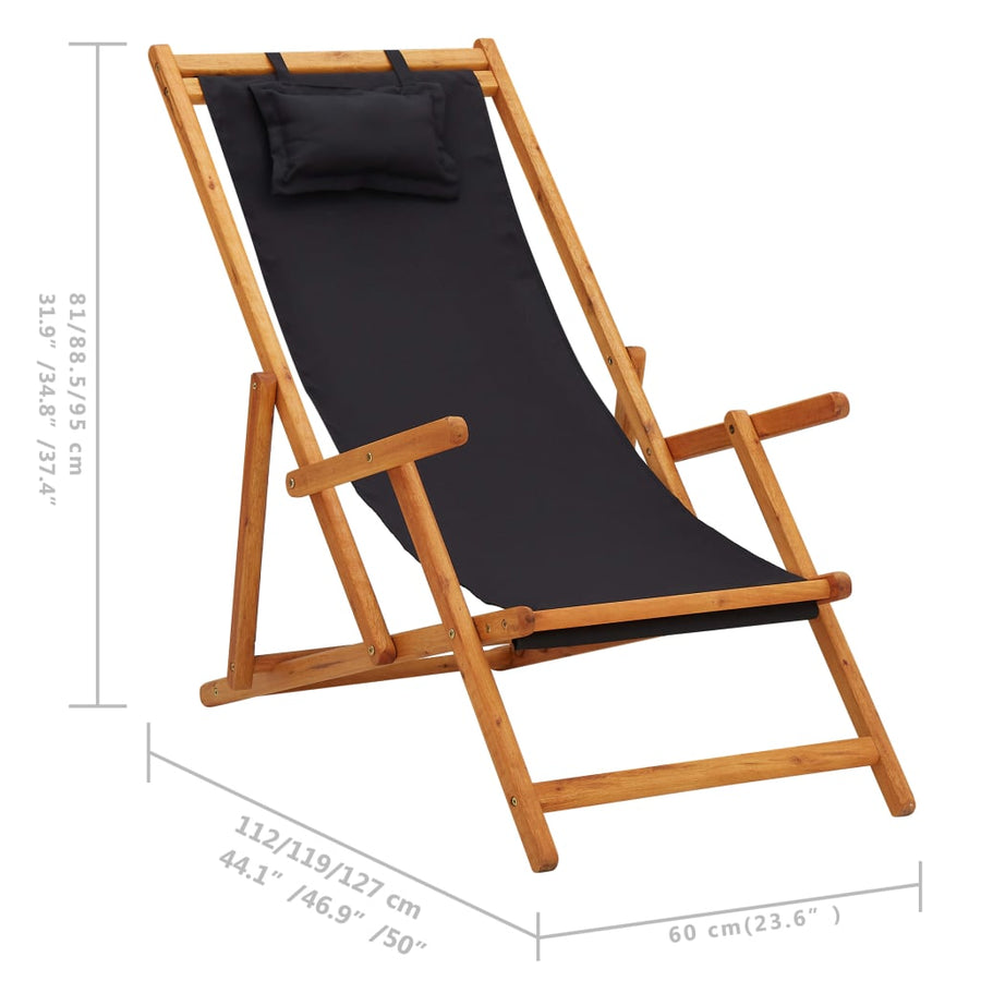 Folding Chair Solid Eucalyptus Wood and Fabric Black