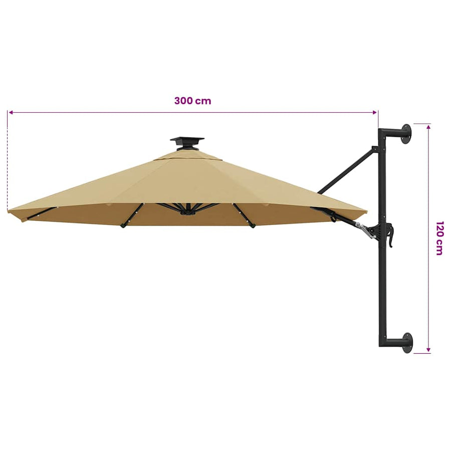 Wall-mounted Garden Parasol with LEDs 300 cm Taupe