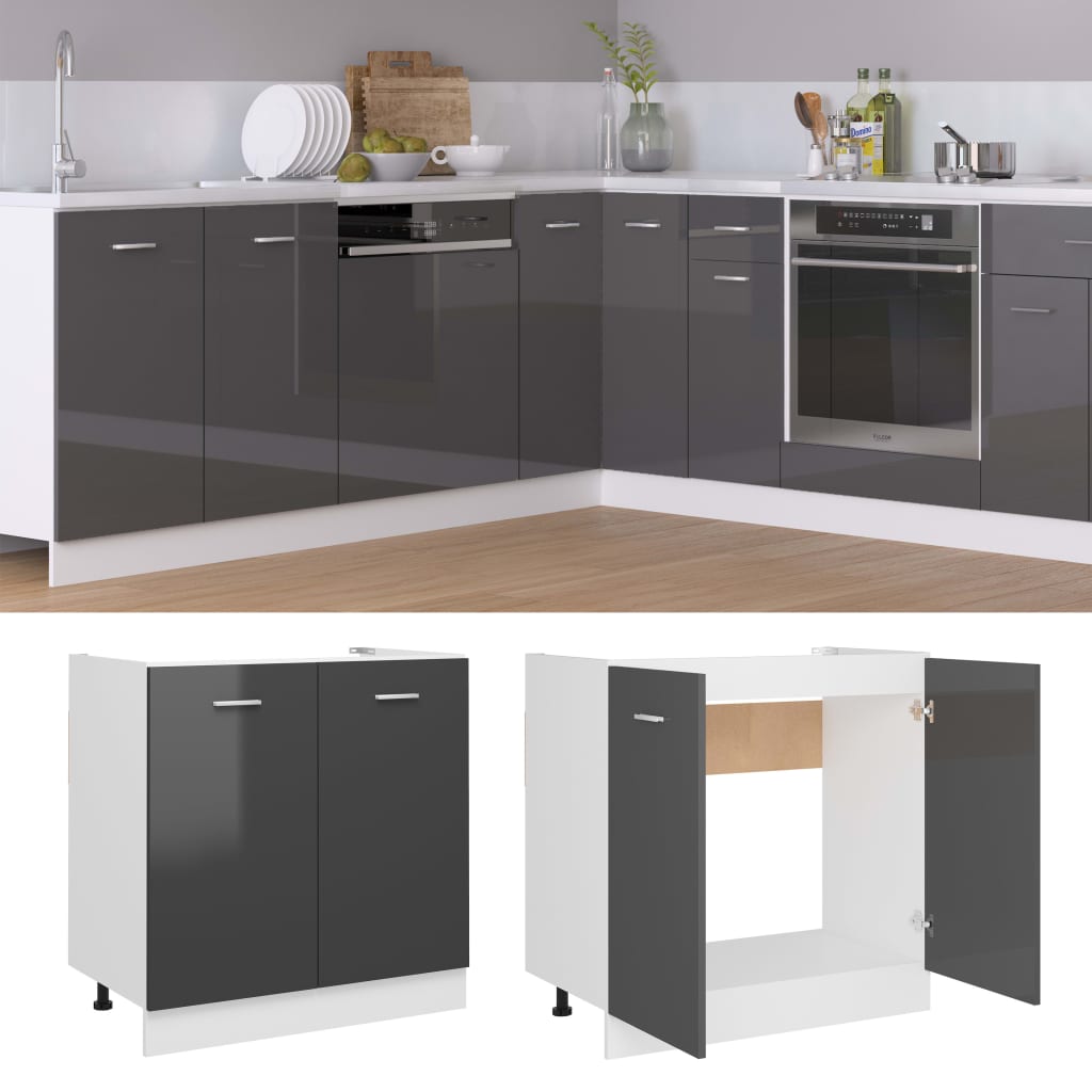 Sink Bottom Cabinet Lyon High Gloss Grey 80x46x81.5 cm Engineered Wood