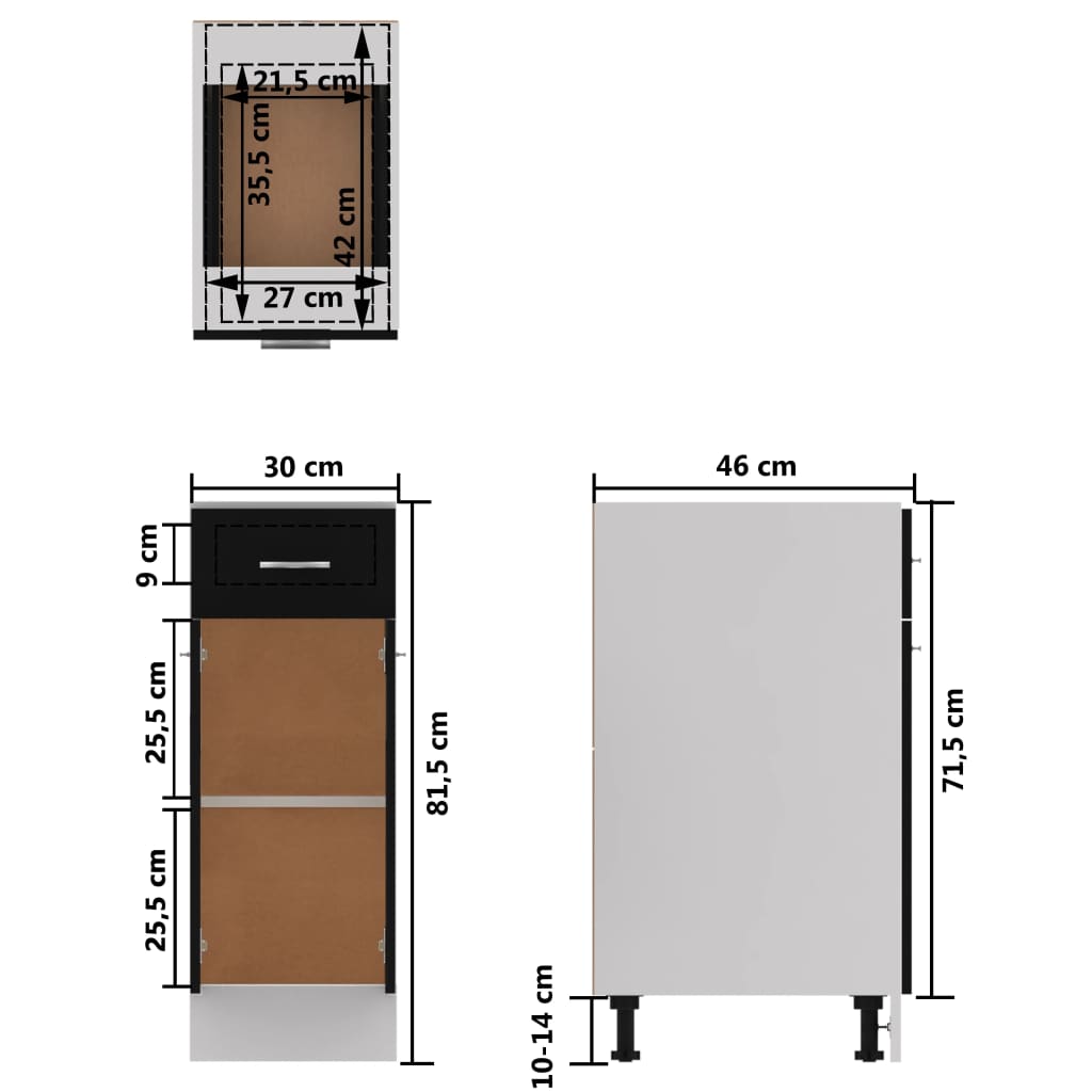 Drawer Bottom Cabinet Lyon Black 30x46x81.5 cm Engineered Wood