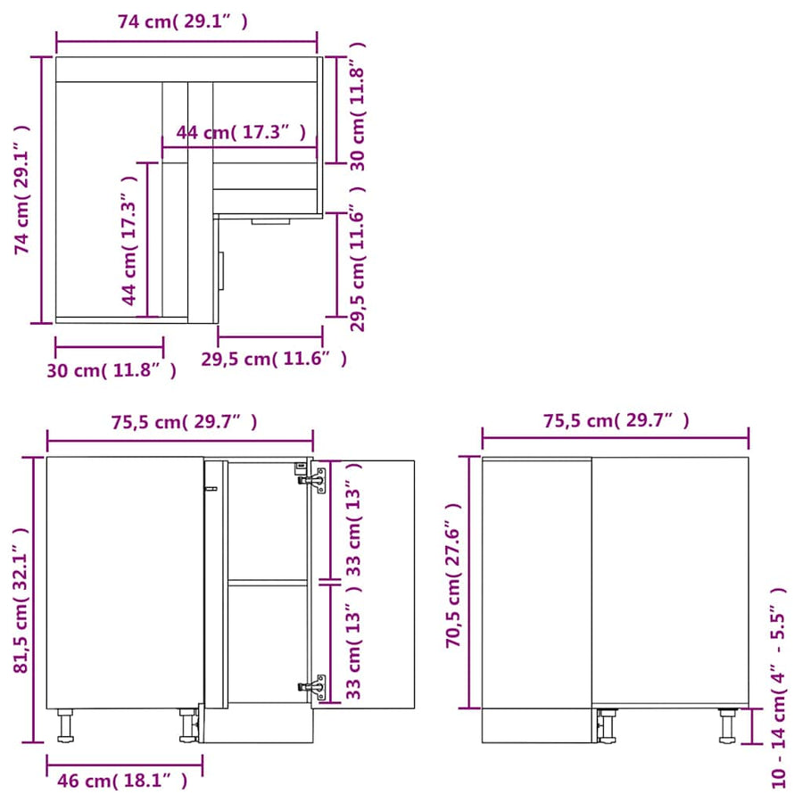 Corner Bottom Cabinet "Lyon" Concrete Grey 75.5x75.5x81.5 cm