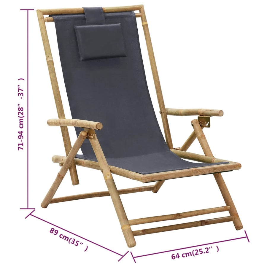 Reclining Folding Chair Dark Grey Bamboo and Fabric