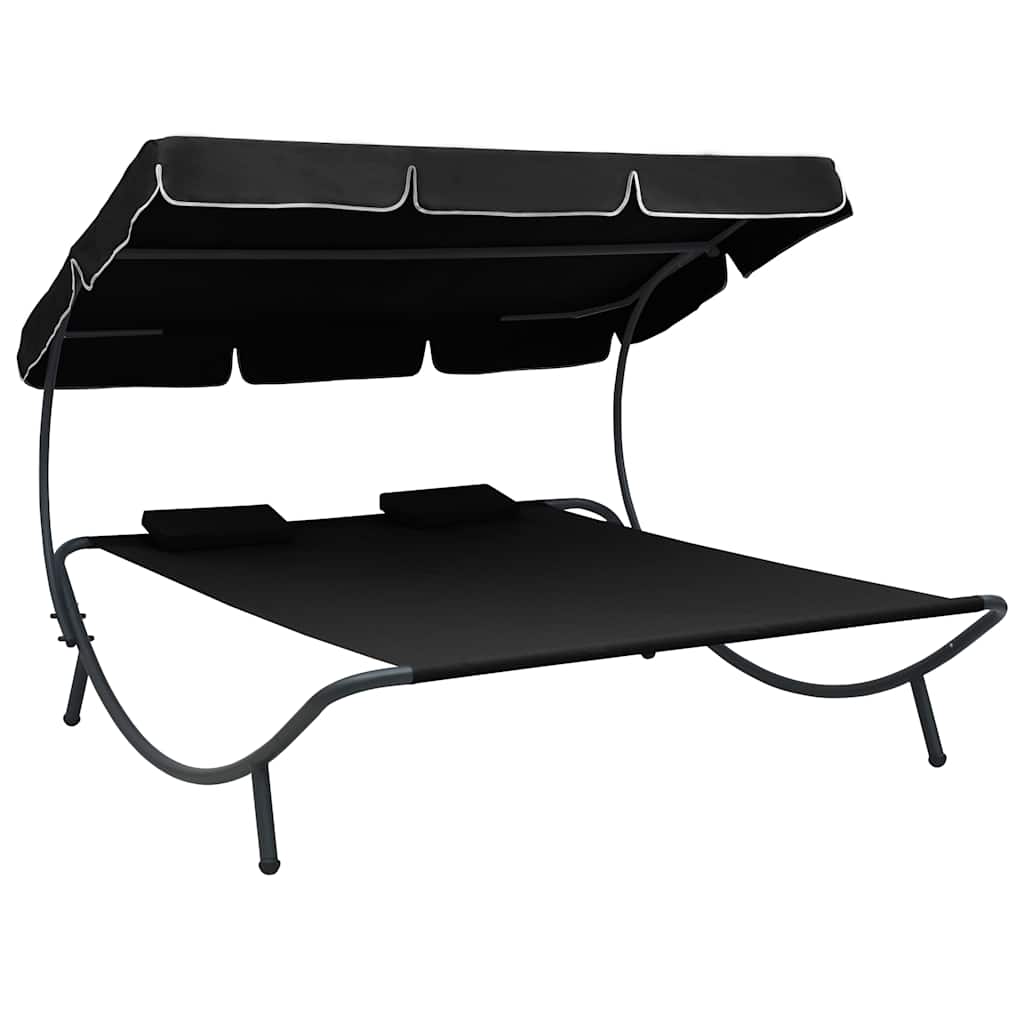 Outdoor Lounge Bed with Canopy and Pillows Black