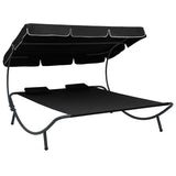 Outdoor Lounge Bed with Canopy and Pillows Black