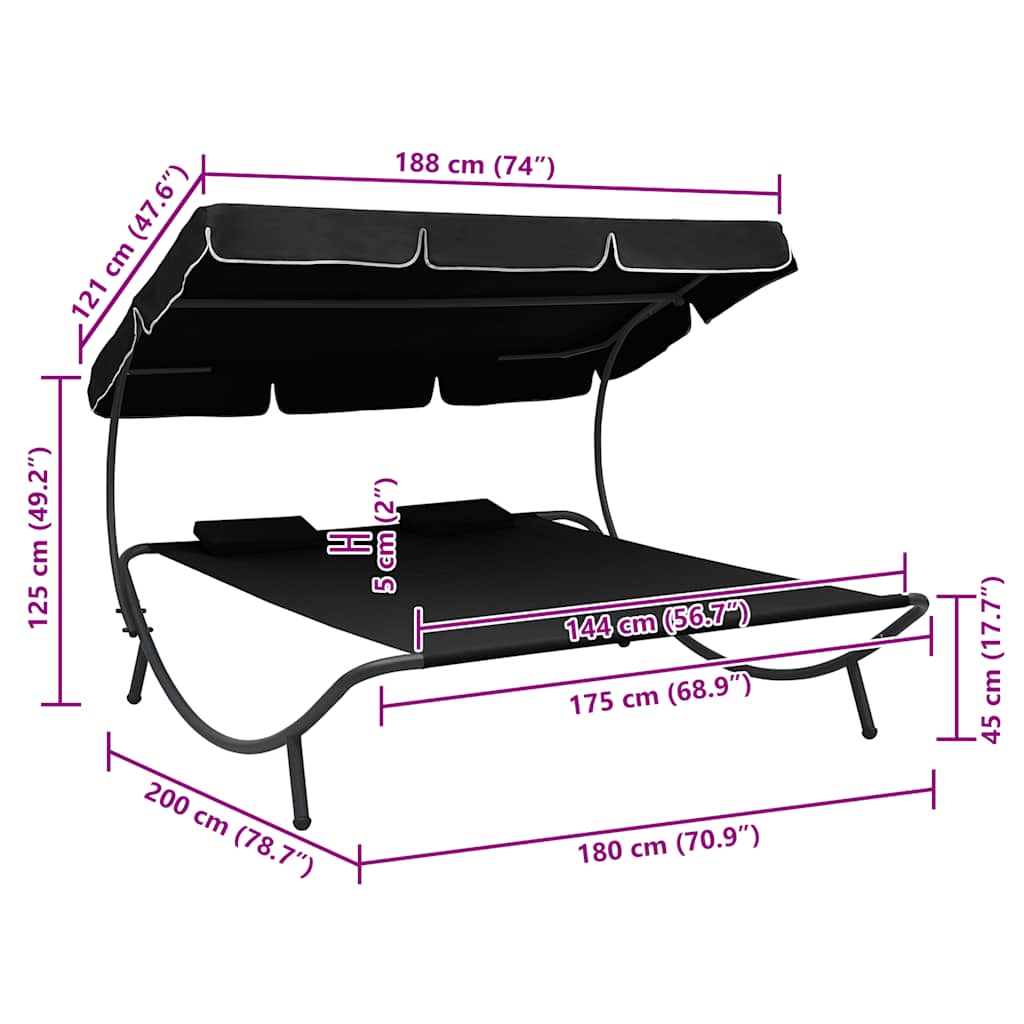 Outdoor Lounge Bed with Canopy and Pillows Black