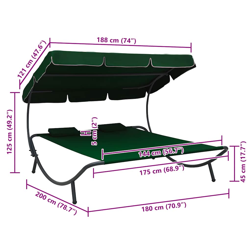 Outdoor Lounge Bed with Canopy and Pillows Green