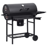 Barrel Grill with Wheels and Shelves Black Steel 115x85x95 cm - Front View