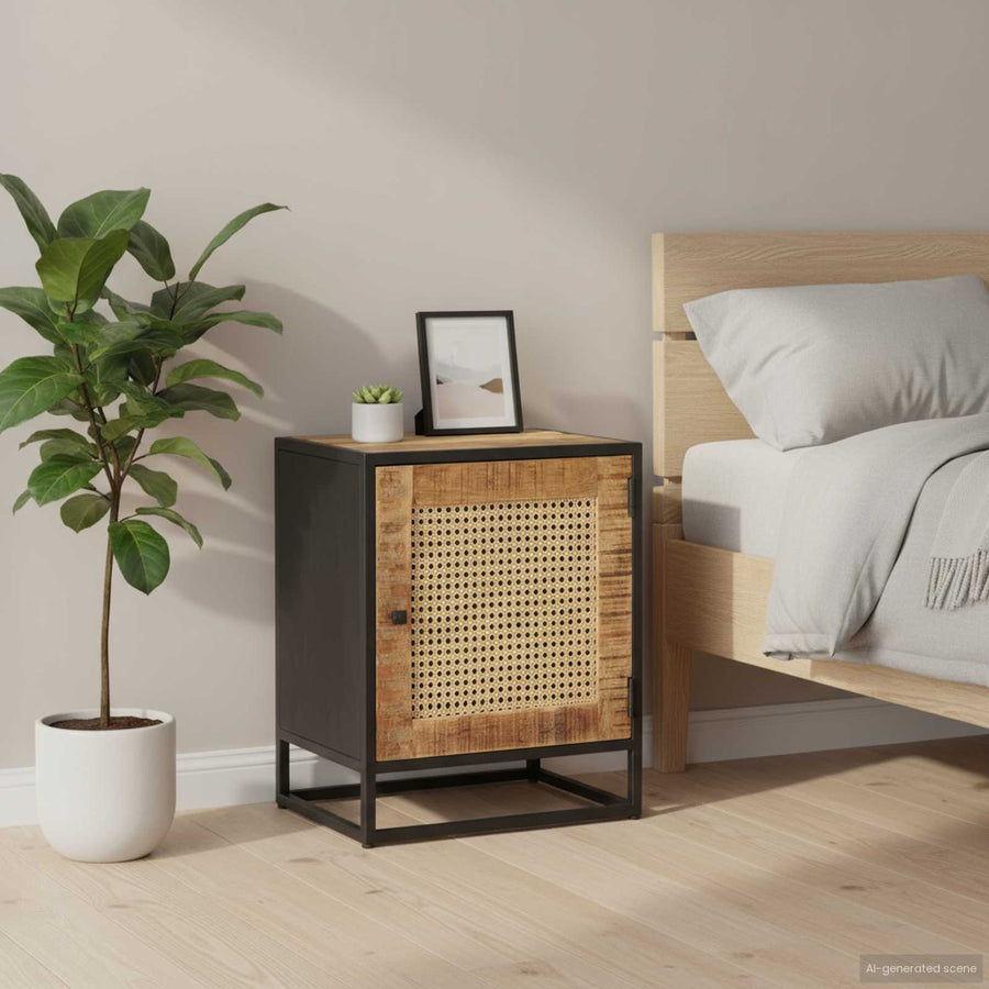 Bedside Cabinet 40x30x50 cm Rough Mango Wood and Natural Cane
