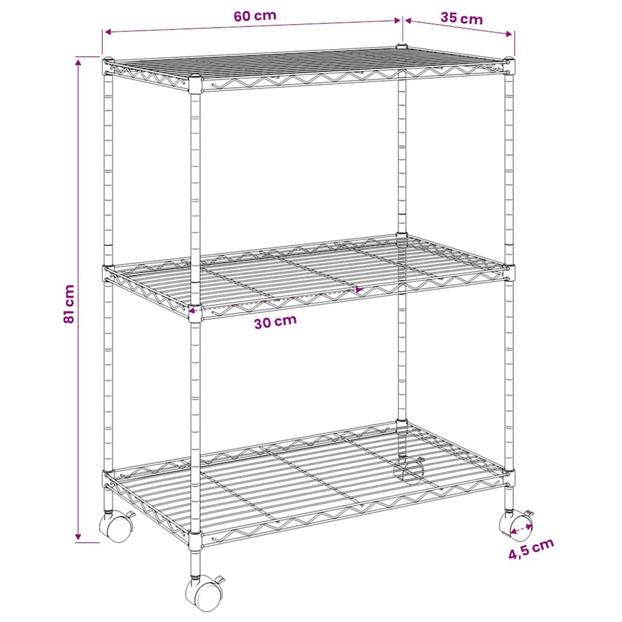 3-Tier Storage Rack with Wheels 60x35x81 cm Chrome 150 kg