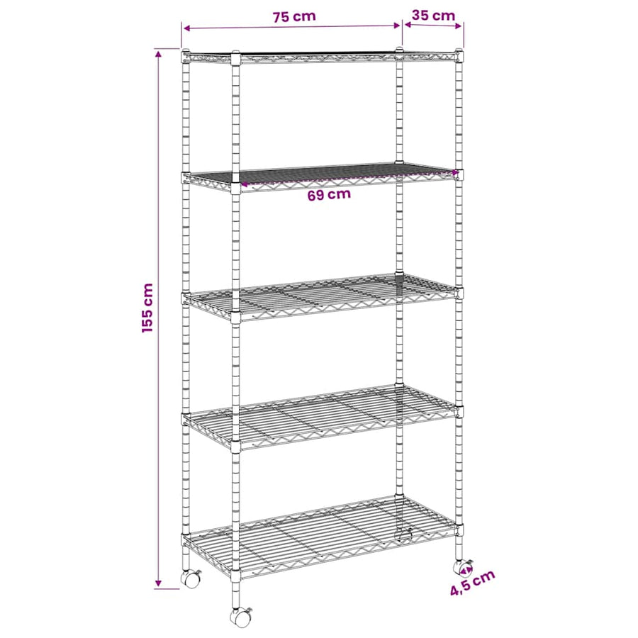 5-Tier Storage Shelf with Wheels 75x35x155 cm Black 250 kg