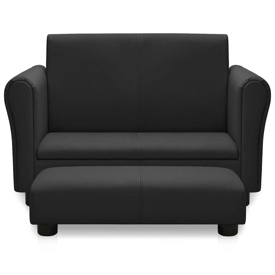 Children Sofa with Stool Black Faux Leather