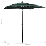 3-Tier Garden Parasol with Aluminium Pole Green 2x2 m - Rear View