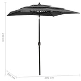 3-Tier Garden Parasol with Aluminium Pole Anthracite 2x2 m - Rear View