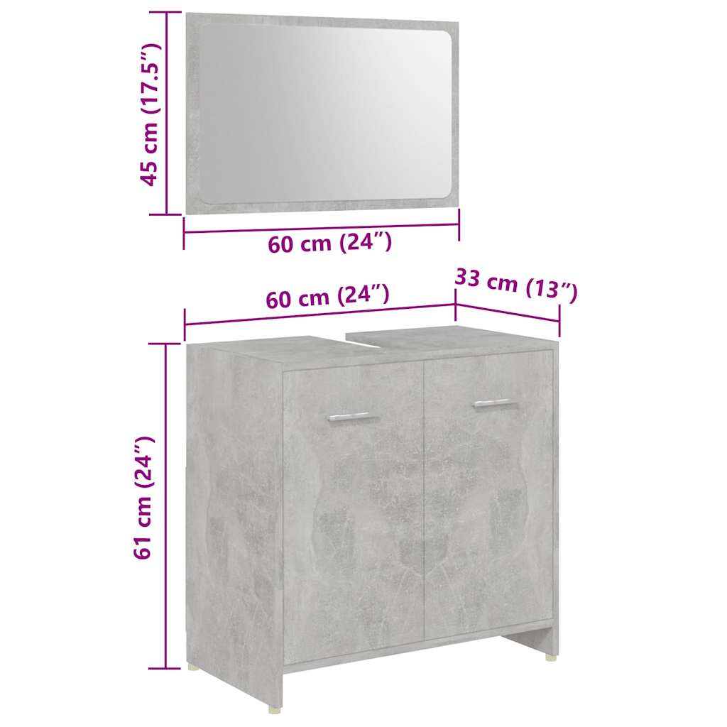 3 Piece Bathroom Furniture Set Concrete Grey Engineered Wood