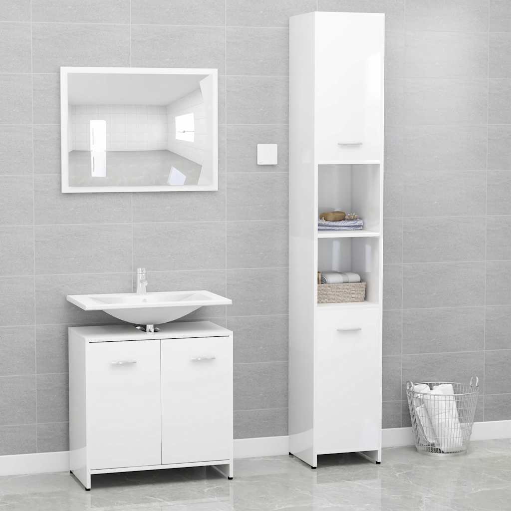 3 Piece Bathroom Furniture Set High Gloss White Engineered Wood