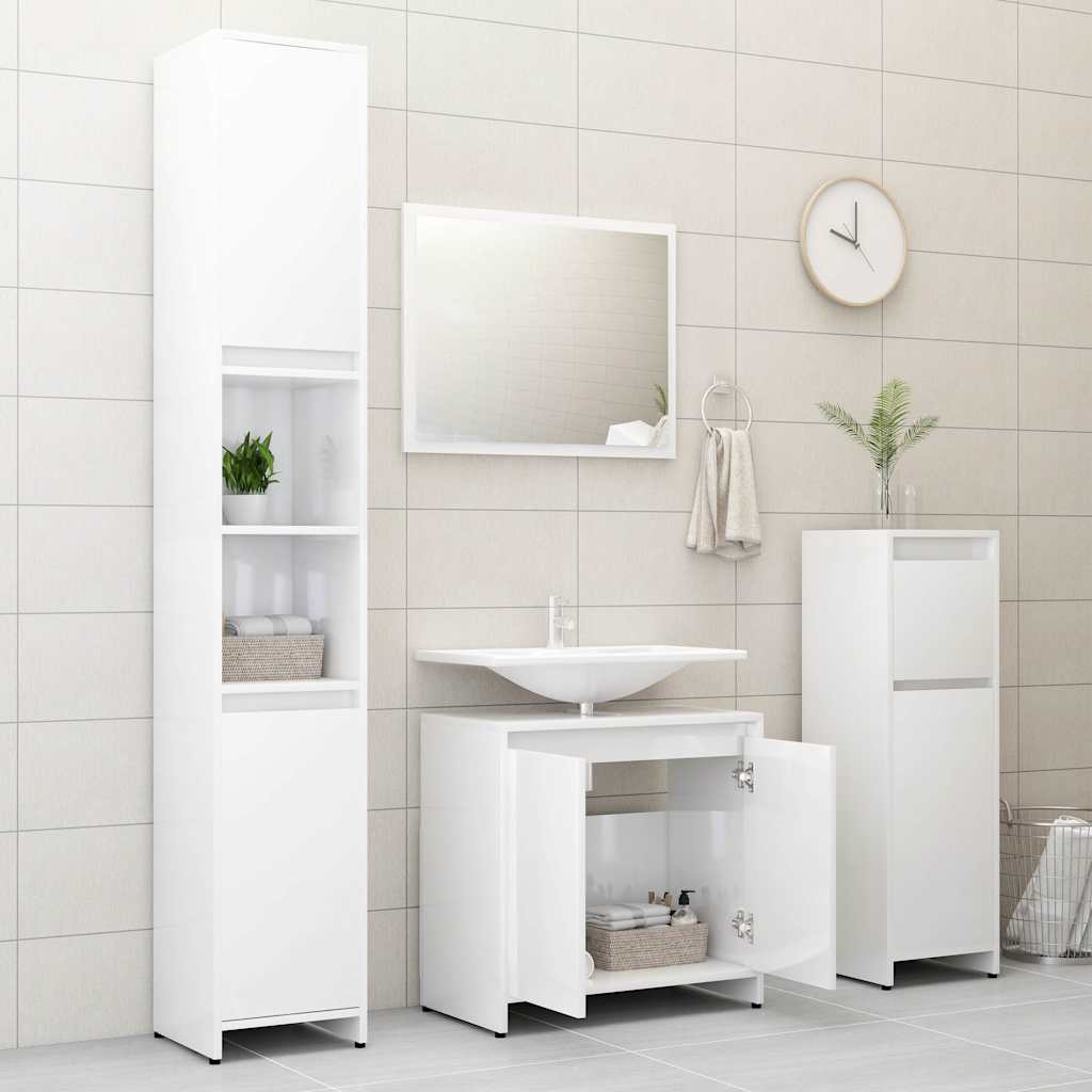 3 Piece Bathroom Furniture Set High Gloss White Engineered Wood
