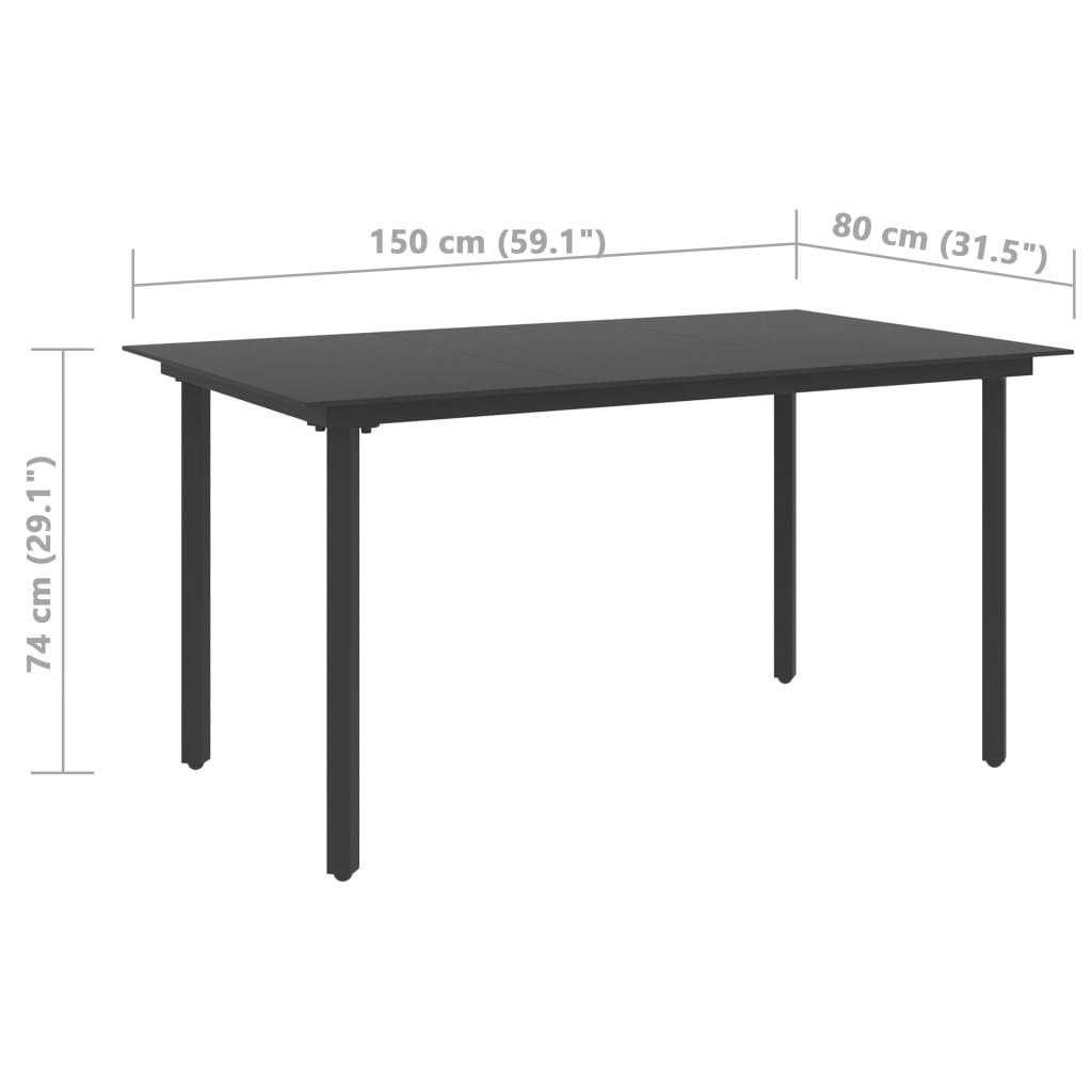 Garden Dining Table Black 150x80x74 cm Steel and Glass