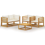 5 Piece Garden Lounge Set with Cushion Cream Solid Acacia Wood - Front View