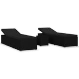 3 Piece Garden Sun Loungers with Tea Table Poly Rattan Black - Front View
