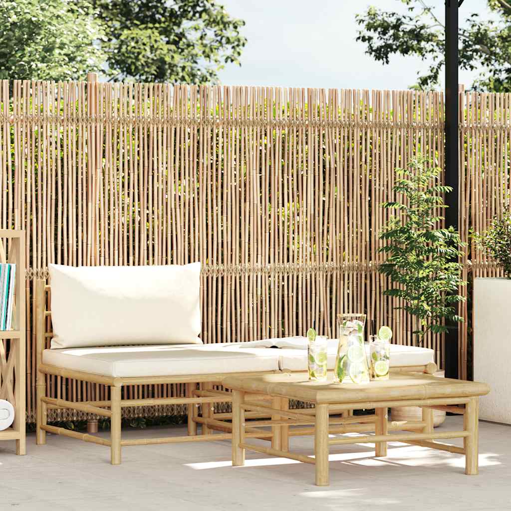 3 Piece Garden Lounge Set with Cream White Cushions Bamboo