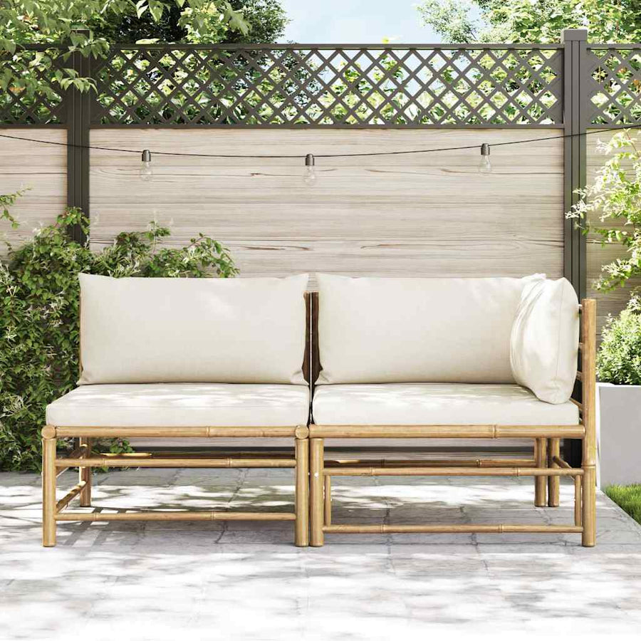 2 Piece Garden Lounge Set with Cream White Cushions Bamboo