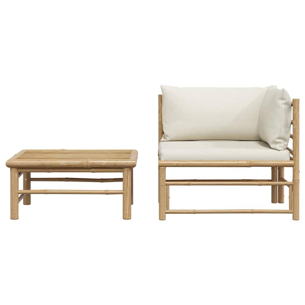2 Piece Garden Lounge Set with Cream White Cushions Bamboo