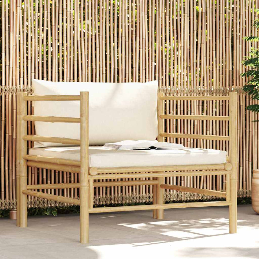 Garden Sofa with Cream White Cushions Bamboo