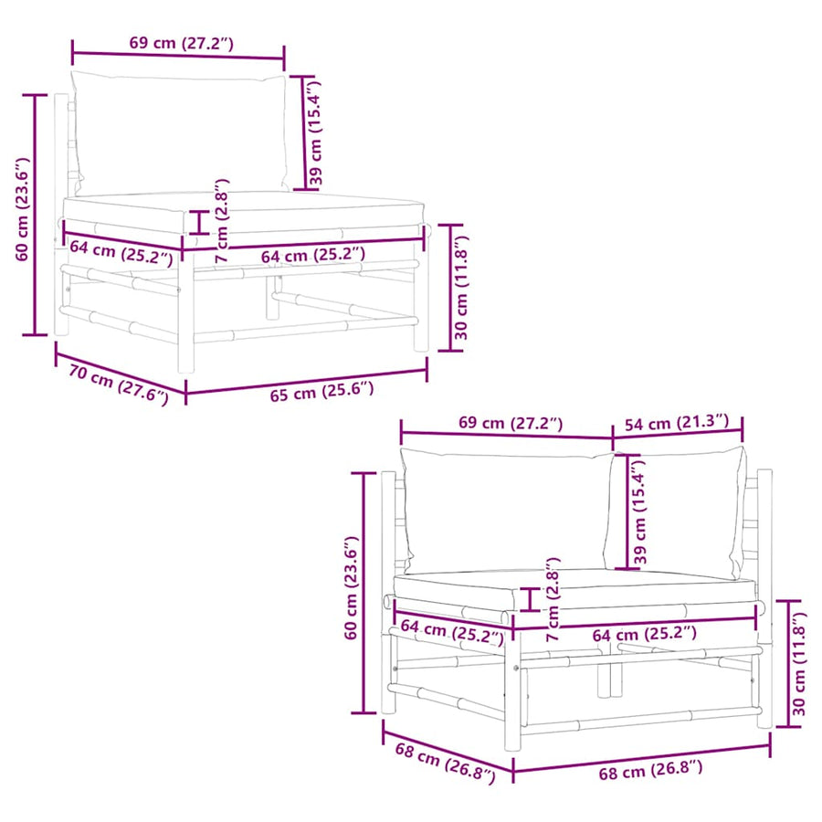 2 Piece Garden Lounge Set with Dark Grey Cushions Bamboo