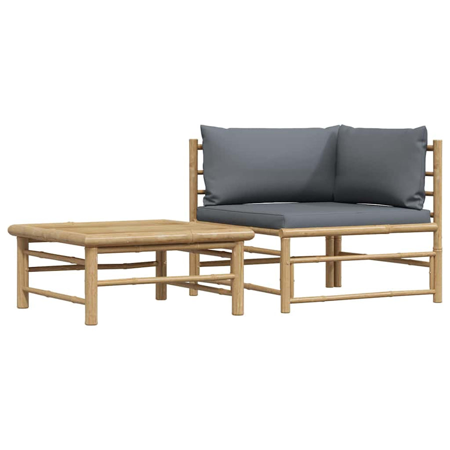 2 Piece Garden Lounge Set with Dark Grey Cushions Bamboo