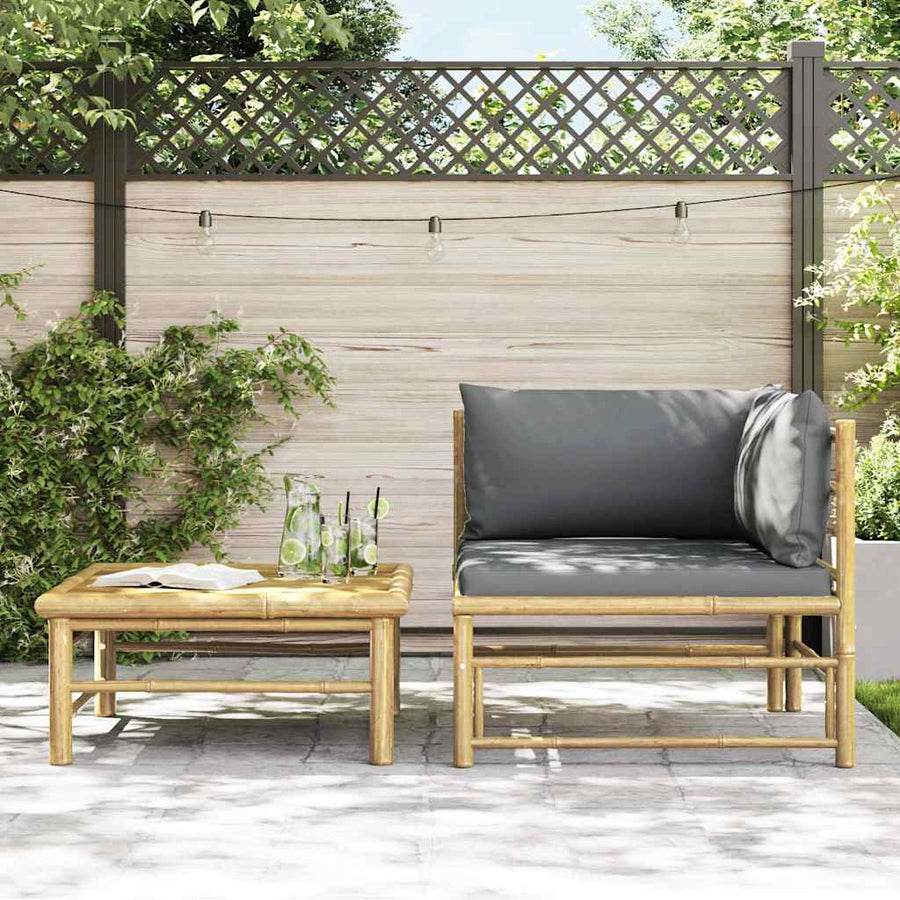 2 Piece Garden Lounge Set with Dark Grey Cushions Bamboo