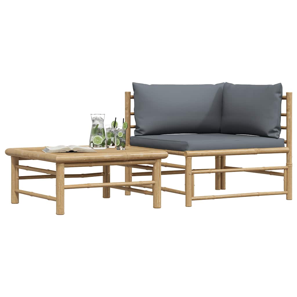 2 Piece Garden Lounge Set with Dark Grey Cushions Bamboo